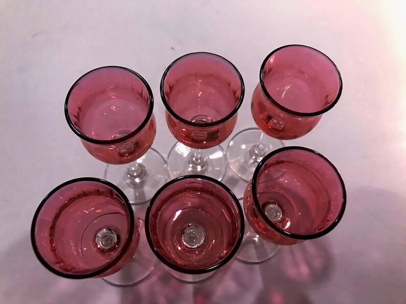 Cranberry Flash Cordials Set of 6 Optic Cranberry Glass With Clear
