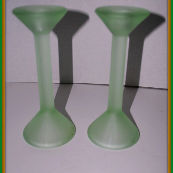 Vintage  green glass candle sticks  frosted glass   tall glass candle sticks