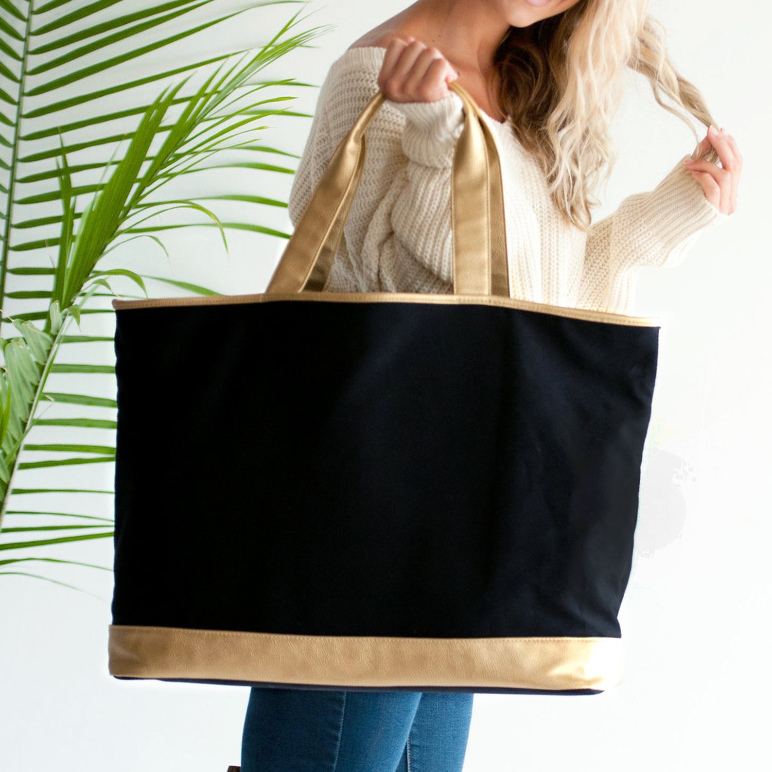 Personalized Black & Gold Large Tote Bag Etsy
