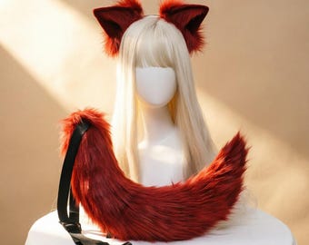 red Fluffy fox Ear Headband Tail Set , Premium Fluffy Kemonomimi Set for Cosplay & Fantasy, Anime Convention, Gift For Cosplayer