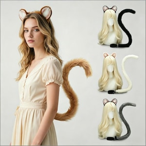 Op de afbeelding: Een vrouw draagt een bruine kattenoren-hoofdband en een bijpassende staart. Er worden ook drie pruiken met kattenoren-hoofdbanden en staarten in zwart, wit en grijs getoond. Accessoires voor cosplay.