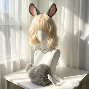 Fluffy Faux Fur Bunny Ears Headband & Tail Set for Photoshoots Roleplay,Realistic Plush rabbit hairband Cosplay, Halloween Costume Accessory