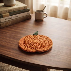 May include: A round, orange, crocheted pumpkin-shaped coaster featuring a textured, spiraled yarn pattern and a small, dark green crocheted stem at the top. The item is crafted from thick, durable yarn and displays a consistent, dense stitch design.