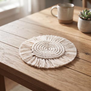 Handmade Macrame Cotton Coaster, Boho Braided Cup Mat, Round Drink Coaster, Non Slip Mug Rug, Woven Table Decor, Housewarming Gift