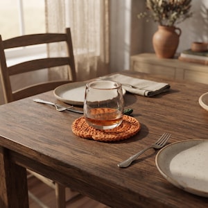 May include: A round, orange, crocheted coaster made of thick yarn, featuring a textured, spiral-patterned surface. The coaster sits on a dark wooden table and supports a clear, stemless glass filled with an amber-colored liquid.