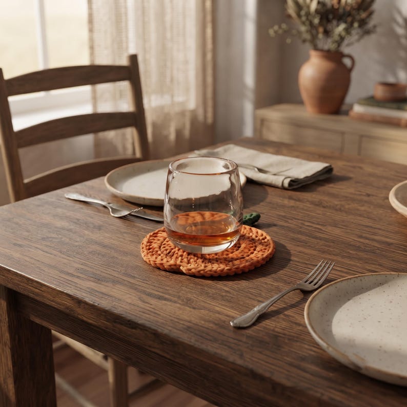 May include: A round, orange, crocheted coaster made of thick yarn, featuring a textured, spiral-patterned surface. The coaster sits on a dark wooden table and supports a clear, stemless glass filled with an amber-colored liquid.