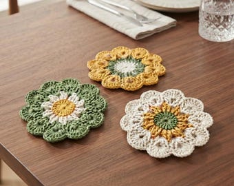 Handmade Crochet Flower Coaster, Cotton Drink Coaster, Floral Coffee Cup Mat, Cute Knitted Mug Rug, Desk Decor, Housewarming Gift