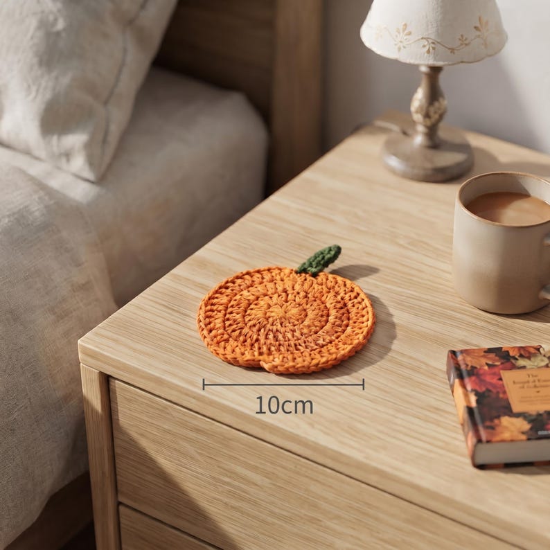 May include: A round, orange, crocheted pumpkin coaster with a small green stem. The coaster features a textured, circular stitch pattern and measures 10 cm in diameter as indicated by the text and lines printed directly below the object.