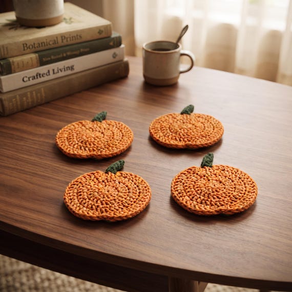 Halloween Crochet Pumpkin Coasters, Fall Drink Coasters, Thanksgiving Cup Mats, Pumpkin Table Decor, Autumn Farmhouse Kitchen Decor
