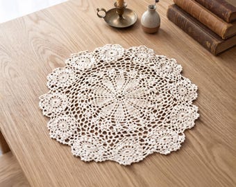 Round Crochet Doily, Vintage Cotton Lace Placemat, Handmade Crochet Table Mat, Rustic Wedding Table Decor, Farmhouse Centerpiece