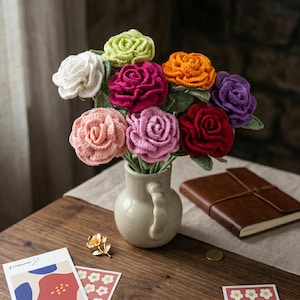Handmade Crochet Raffia Rose Flower, Knitted Yarn Rose Bouquet, Artificial Forever Flower, Home Decor, Wedding Gift, Floral Keepsake