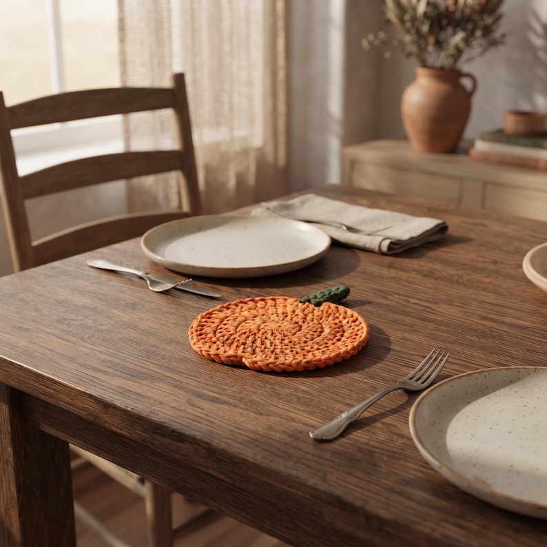 May include: A round, orange, crocheted pumpkin-shaped coaster with a small green stem detail. The coaster is placed on a dark brown wooden dining table between two speckled ceramic plates and two silver metal forks, with a napkin nearby.