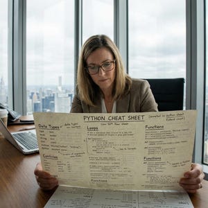 May include: A woman wearing glasses and a blazer is seated at a desk, holding a "Python Cheat Sheet." A laptop and a coffee cup are on the desk. The background features a cityscape viewed through a large window.