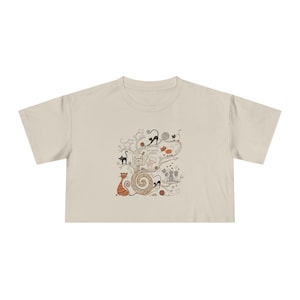 Whimsical Cat Family Illustration Crop Tee | Relaxed Fit Cotton Cat Art Shirt