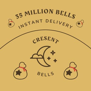 Op de afbeelding: Beige afbeelding met de tekst "35 MILLION BELLS INSTANT DELIVERY" boven een halve maan en sterren ontwerp. Het woord "CRESENT" staat boven het ontwerp en "BELLS" staat eronder. Kleine geldbuidel-iconen aan de zijkanten.
