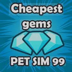 May include: A digital graphic with the text "Cheapest gems" above three blue diamond shapes and the text "PET SIM 99" below. The background is a radial pattern of blue lines.