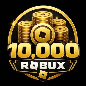 May include: A gold and black graphic featuring stacks of gold coins and a large gold coin in the center. The text "10,000 ROBUX" is prominently displayed in gold lettering, set against a black background.
