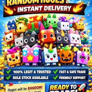 以下が含まれることがあります： Pet Simulator 99 のプロモーション画像。動物やファンタジーをテーマにした、カラフルな正方形のキャラクターが多数登場。「50x Random Huges、即時配達」と「取引準備完了！」のテキストが含まれています。