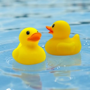 May include: Two yellow rubber duck toys with orange beaks float on rippled blue water. The ducks are side-by-side, creating a playful and cheerful scene. The image is bright and sunny, perfect for a children's product or a bath-time theme.