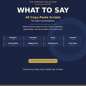 Könnte beinhalten: Eine marineblaue Grafik mit dem Text „WHAT TO SAY“ und „40 Copy-Paste Scripts for Hard Conversations“. Die Grafik enthält Abschnitte für Arbeits-, Freundschafts-, Familien- und romantische Skripte. Es heißt auch: „Sag die Wahrheit. Sag es freundlich. Sag es heute.“