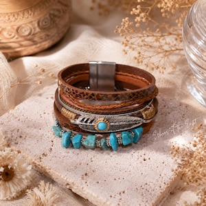 Turquoise Leather Wrap Bracelet, Boho Feather Wristband, Western Cowgirl Jewelry, Southwestern Stack Bracelet, Christmas Gift for Her