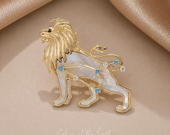 Leo Mother of Pearl Brooch Zodiac Lion Constellation Pin Celestial Statement Jewelry