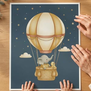 Elephant Hot Air Balloon Nursery Print, Night Sky Baby Room Digital Download