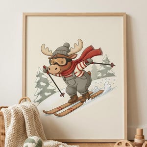 Moose Skiing Nursery Print, Winter Mountain Baby Room Wall Art Digital Download