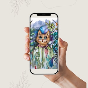 May include: A smartphone displays a watercolor illustration of a cat wearing a green jacket and a pink scarf. The cat has orange fur, blue eyes, and a blue hat. The background features green foliage and purple hues.