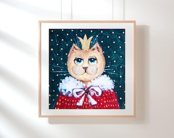 Royal Cat Whimsical Illustration Print, Vintage Animal Nursery Art (Digital Download)