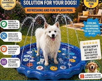 Piscina con aspersores y zona de juegos acuáticos para perros: alfombra de agua interactiva para refrescarse y divertirse en verano.