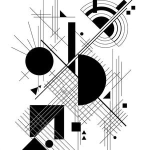 Può includere: Stampa artistica geometrica astratta in bianco e nero. Il design presenta una varietà di forme, tra cui cerchi, quadrati, triangoli e linee, disposte in una composizione dinamica. L'opera d'arte è in stile moderno e minimalista.