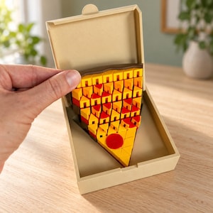May include: A triangular pizza slice puzzle made of small yellow, orange, and red geometric blocks, housed in a light tan cardboard box. The puzzle features a textured surface with a single red circular piece near the pointed end of the slice.