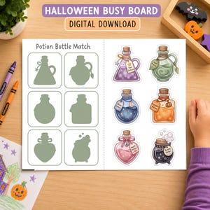 Halloween-matchningsspel med trolldryckflaskor, matchningsaktivitet för småbarn (PDF-nedladdning)