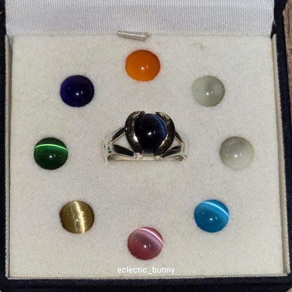 Interchangeable Cat Eye Stone Ring Set Silver Ton… - image 2