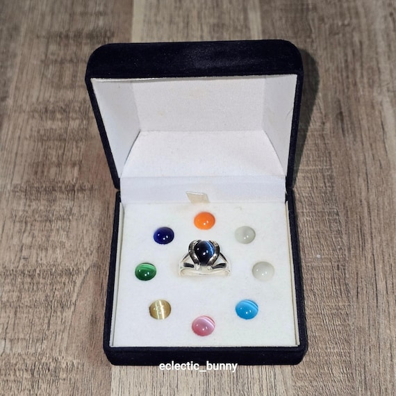Interchangeable Cat Eye Stone Ring Set Silver Ton… - image 1