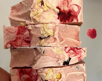 Handmade Raspberry Shea Butter Soap, Gentle Face Body Bar, Lavender Essential Oil