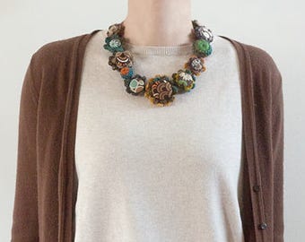 Fiber rustic necklace, unique statement jewelry, crochet with fabric buttons - brown, teal, green, mustard yellow