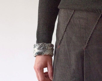 Gray cotton cuff bracelet, knitted chevron statement jewelry, OOAK