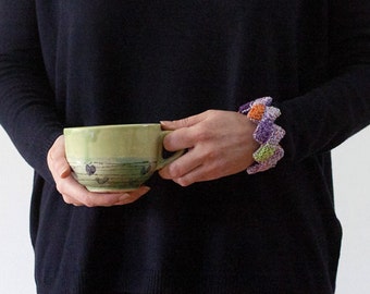 Geometric chunky bracelet, knitted fiber art statement cotton jewelry, purple green orange, OOAK