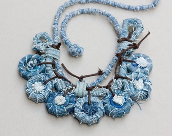 Recycled jeans necklace, eco-friendly textile jewelry, denim fiber necklace, OOAK