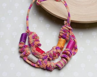 Colorful statement necklace, rustic crochet jewelry with bamboo beads, orange pink, OOAK