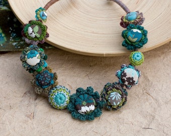 Statement rustic necklace, unique fiber jewelry, crochet with fabric buttons, brown teal chartreuse, OOAK