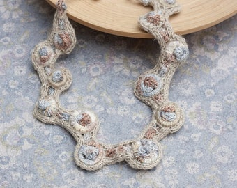 Knitted beige necklace, rustic fiber jewelry with bamboo beads, asymmetric statement necklace, OOAK