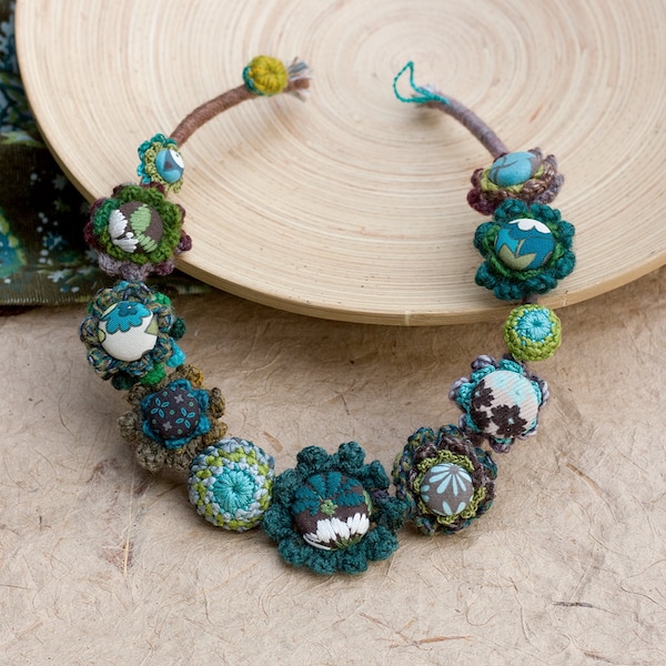 Statement rustic necklace, unique fiber jewelry, crochet with fabric buttons, brown teal chartreuse, OOAK