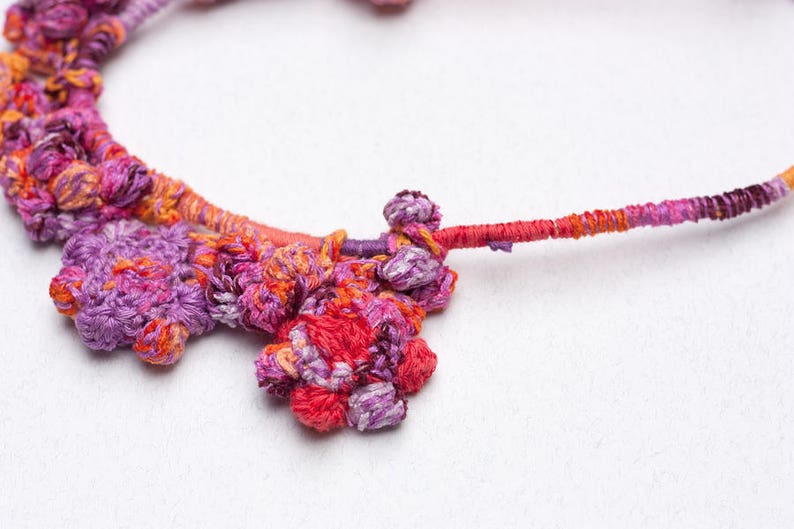 Flower crochet necklace colorful statement jewelry with bamboo beads OOAK
