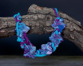 Blue purple statement necklace, knitted fiber rustic jewelry, OOAK wearable art