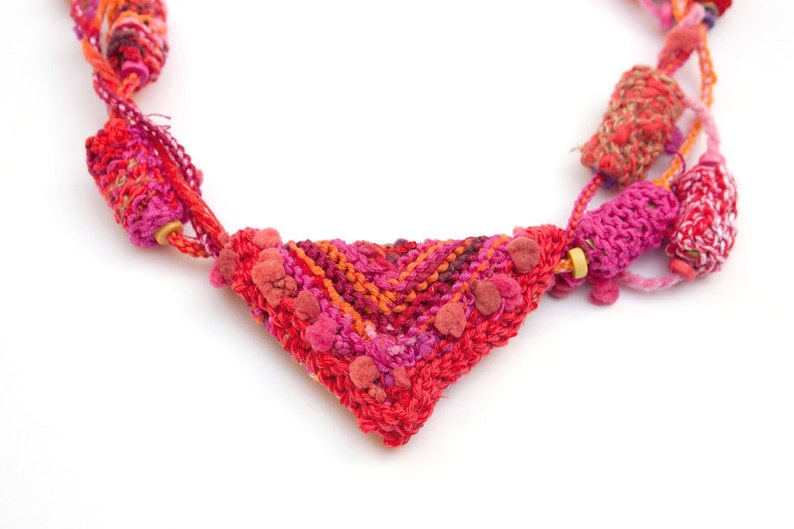 Red tribal necklace, statement knitted jewelry, OOAK image 5