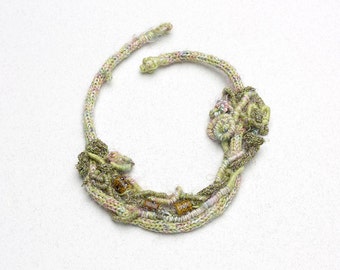 Green bib necklace, hand wrapped and knitted jewelry with glass beads, OOAK