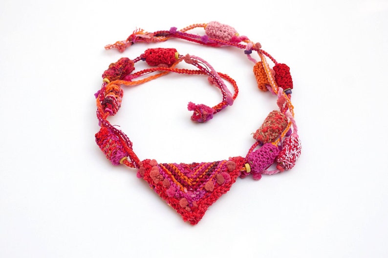 Red tribal necklace, statement knitted jewelry, OOAK image 1